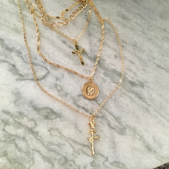 Rose, Coin, and Cross Layered Gold Necklace - Picture 2 of 8